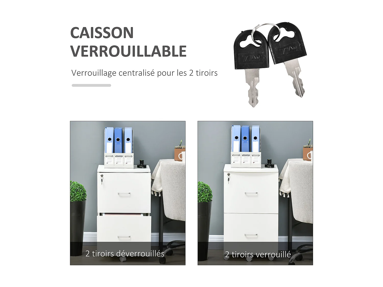 Vinsetto Caisson de bureau rangement bureau sur roulettes 2 tiroirs verrouillables 2 clés fournies MDF panneaux particules blanc