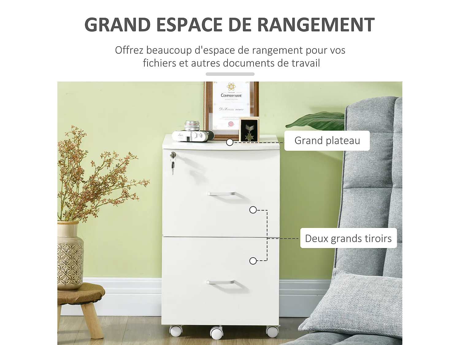 Vinsetto Caisson de bureau rangement bureau sur roulettes 2 tiroirs verrouillables 2 clés fournies MDF panneaux particules blanc