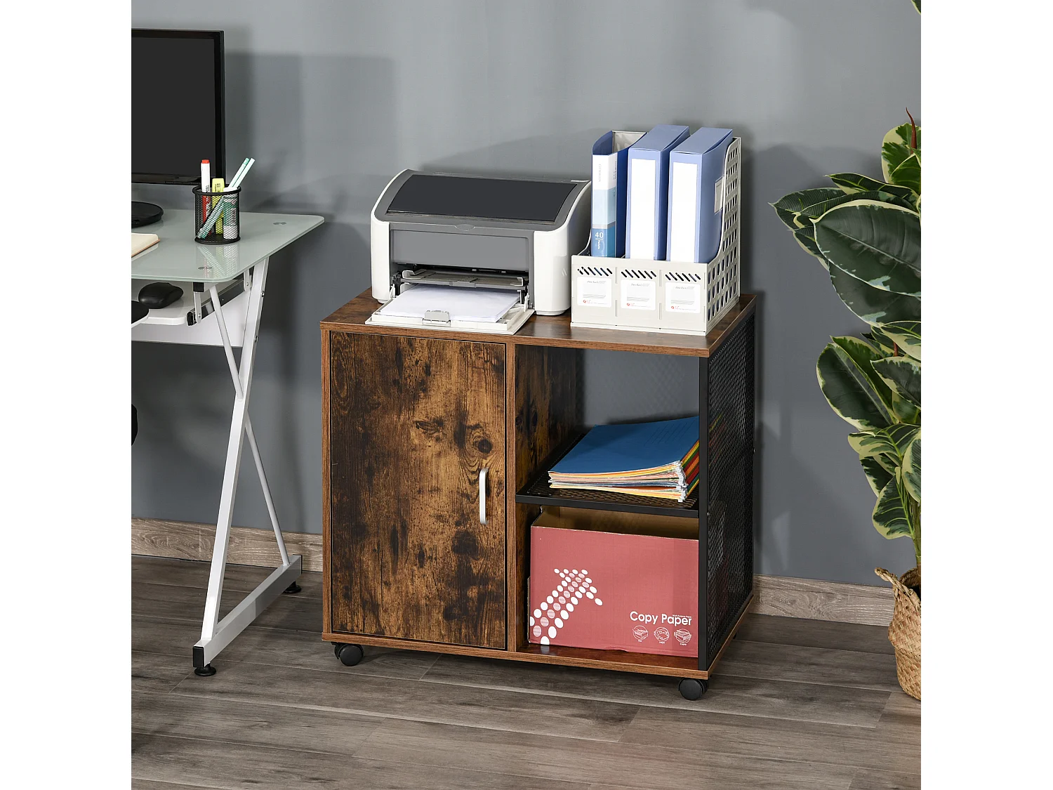 HOMCOM Support d'imprimante - caisson organiseur bureau - placard porte, 2 niches, grand plateau - panneaux particules coloris boisé métal noir