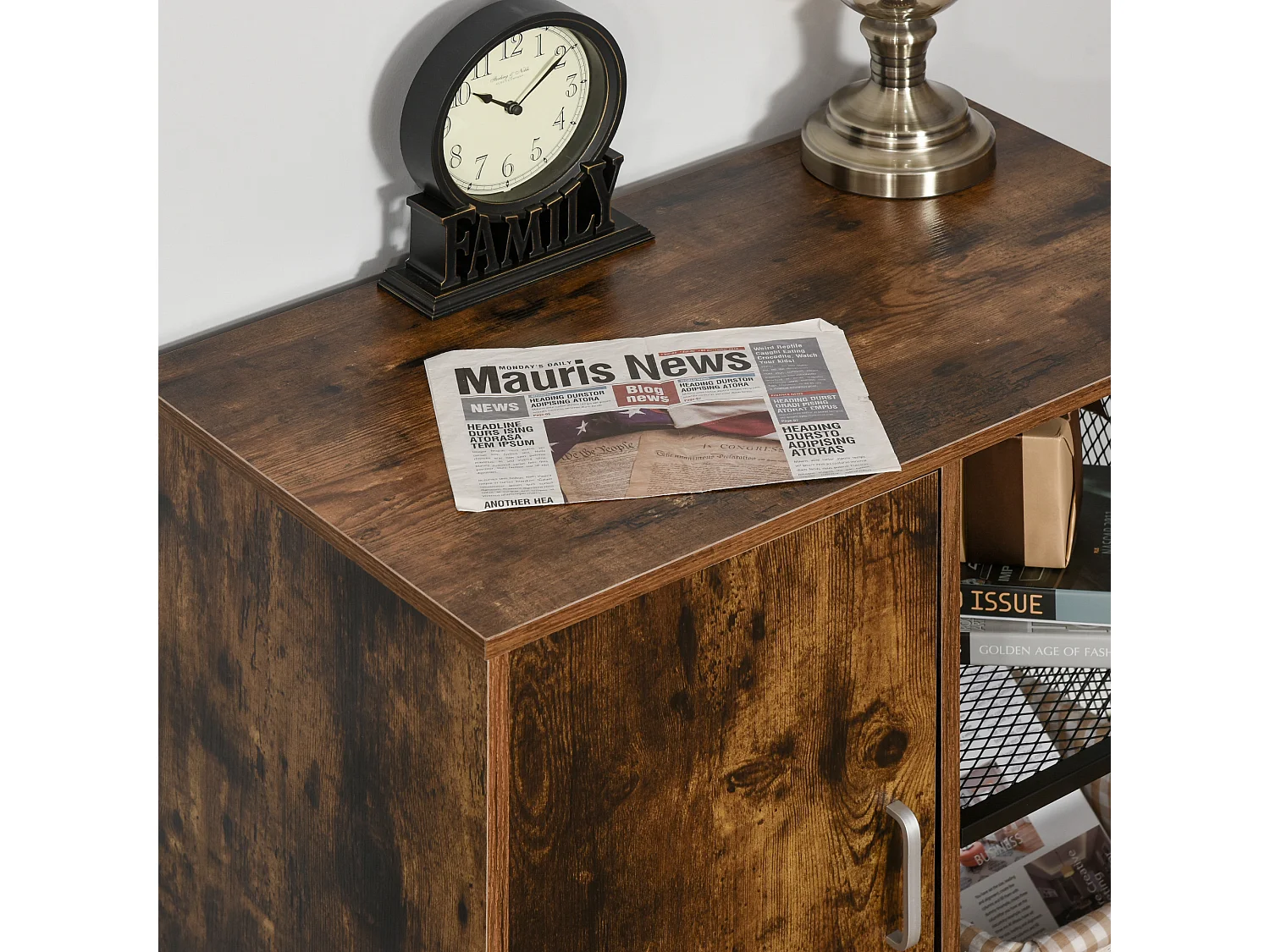 HOMCOM Support d'imprimante - caisson organiseur bureau - placard porte, 2 niches, grand plateau - panneaux particules coloris boisé métal noir