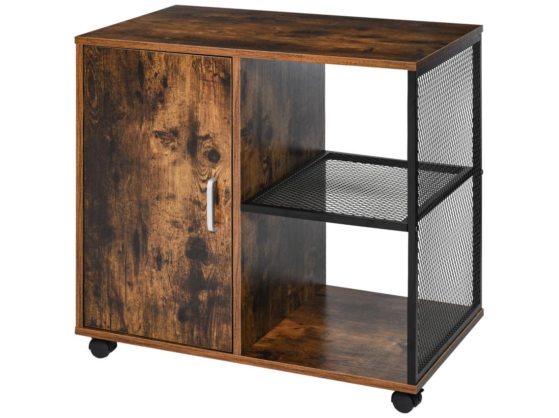 vente unique HOMCOM Support d'imprimante - caisson organiseur bureau - placard porte 2 niches grand plateau - panneaux particules coloris boisé métal noir