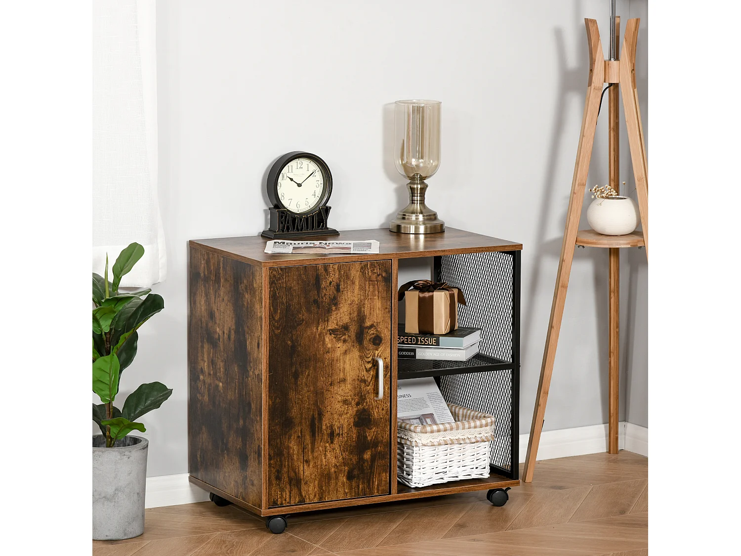 HOMCOM Support d'imprimante - caisson organiseur bureau - placard porte, 2 niches, grand plateau - panneaux particules coloris boisé métal noir