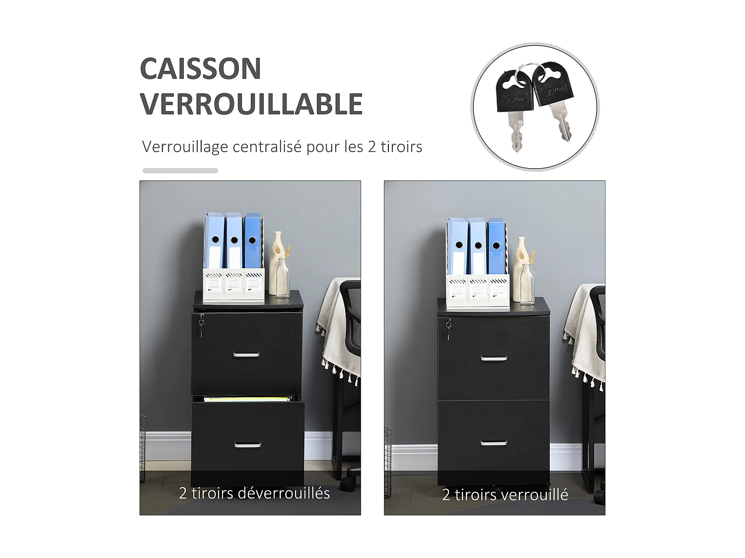 Vinsetto Caisson de bureau rangement bureau sur roulettes 2 tiroirs verrouillables 2 clés fournies MDF panneaux particules noir