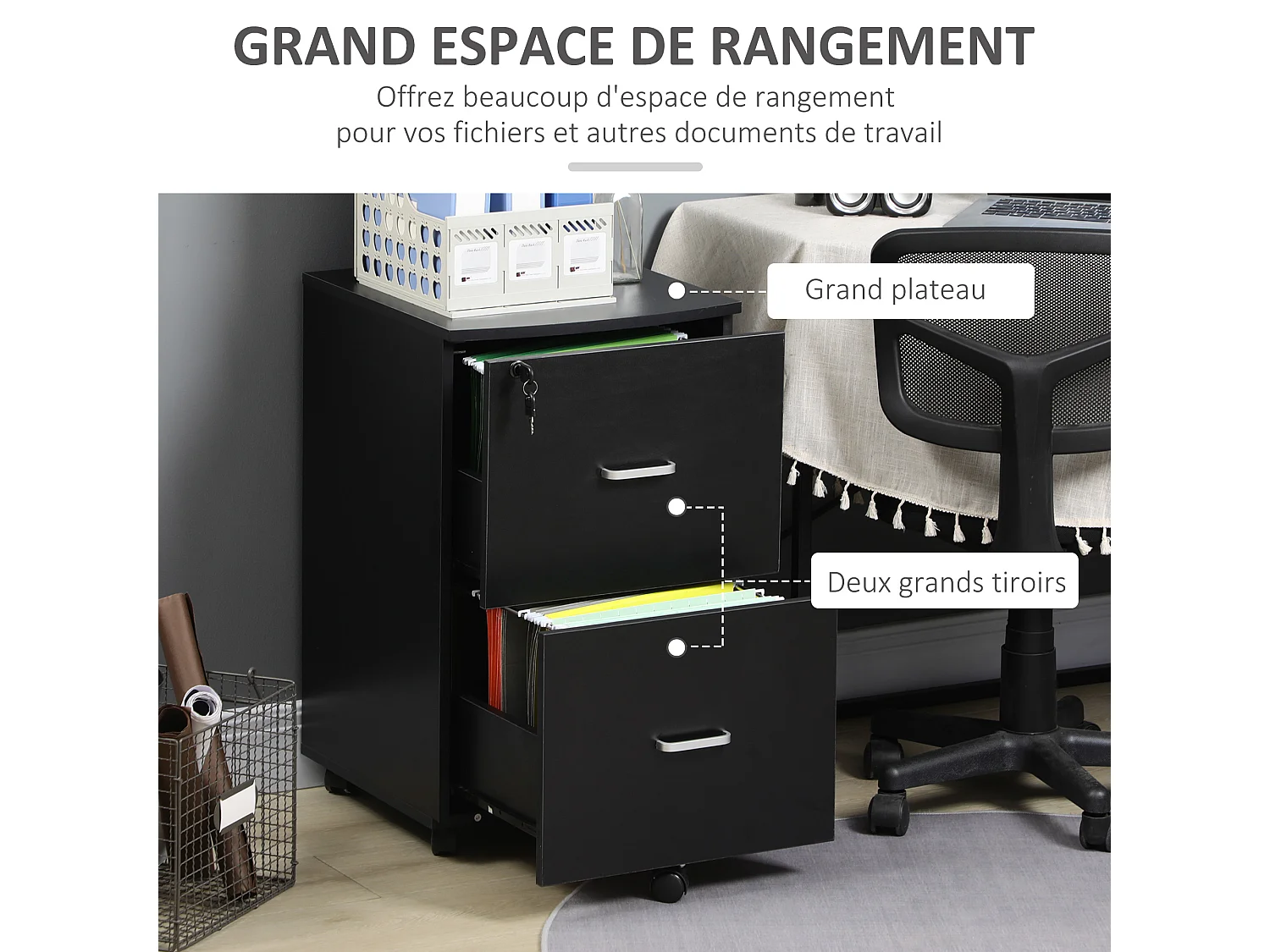 Vinsetto Caisson de bureau rangement bureau sur roulettes 2 tiroirs verrouillables 2 clés fournies MDF panneaux particules noir