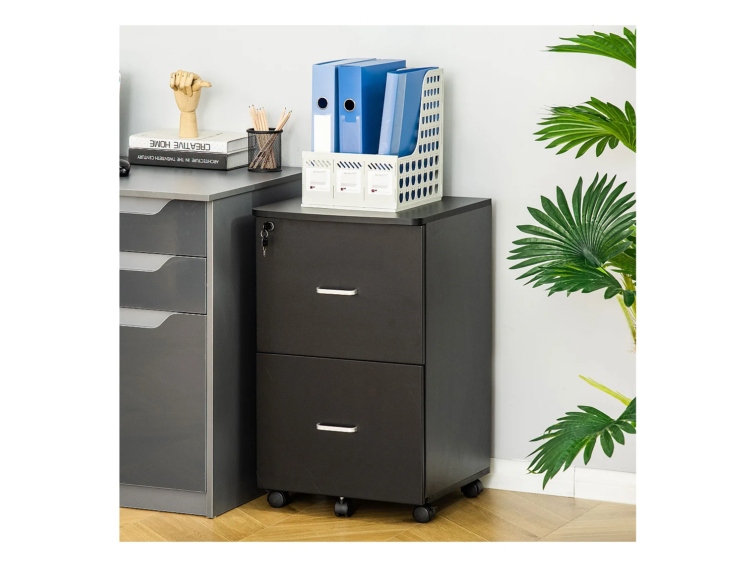 Vinsetto Caisson de bureau rangement bureau sur roulettes 2 tiroirs verrouillables 2 clés fournies MDF panneaux particules noir