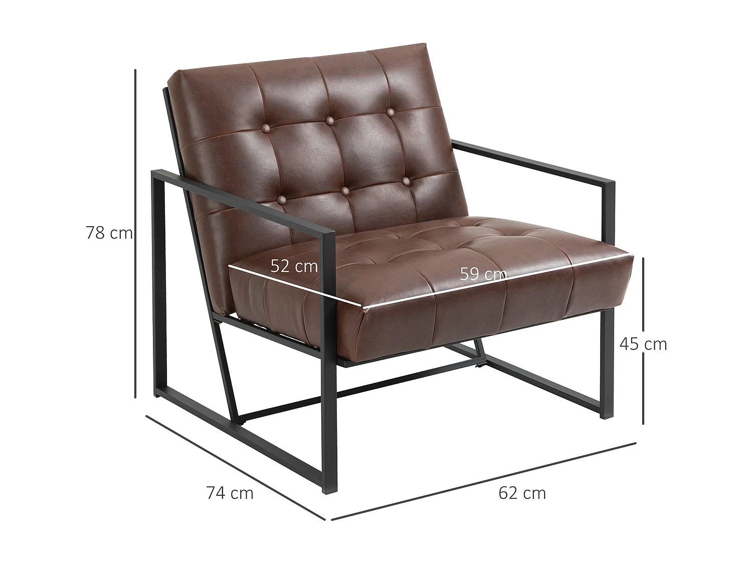 Fauteuil lounge Chesterfield assise dossier capitonnés structure métal noir revêtement synthétique chocolat