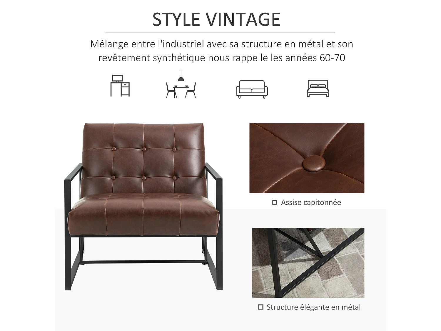 Fauteuil lounge Chesterfield assise dossier capitonnés structure métal noir revêtement synthétique chocolat
