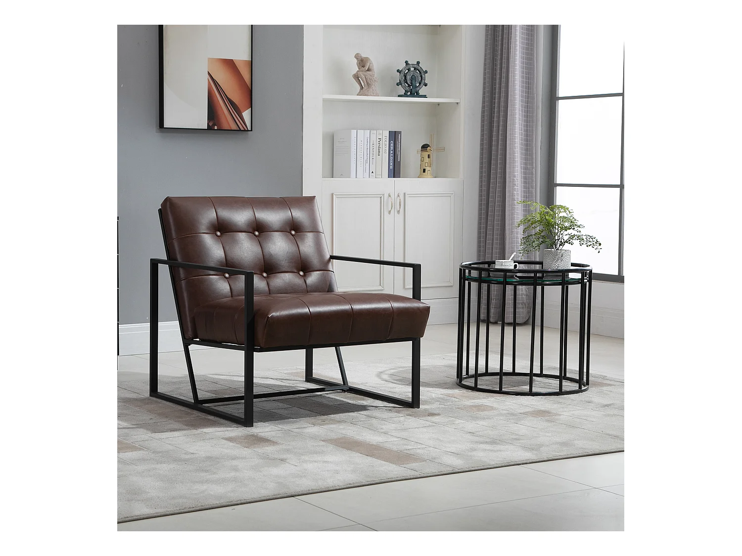 Fauteuil lounge Chesterfield assise dossier capitonnés structure métal noir revêtement synthétique chocolat