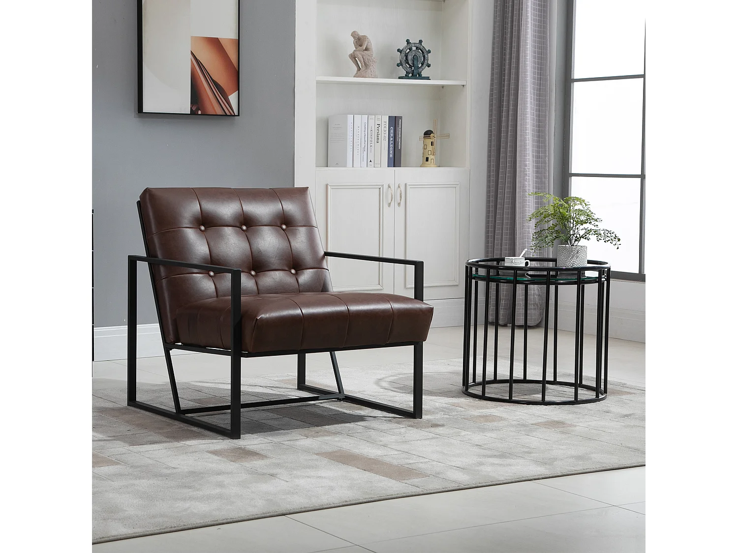 Fauteuil lounge Chesterfield assise dossier capitonnés structure métal noir revêtement synthétique chocolat