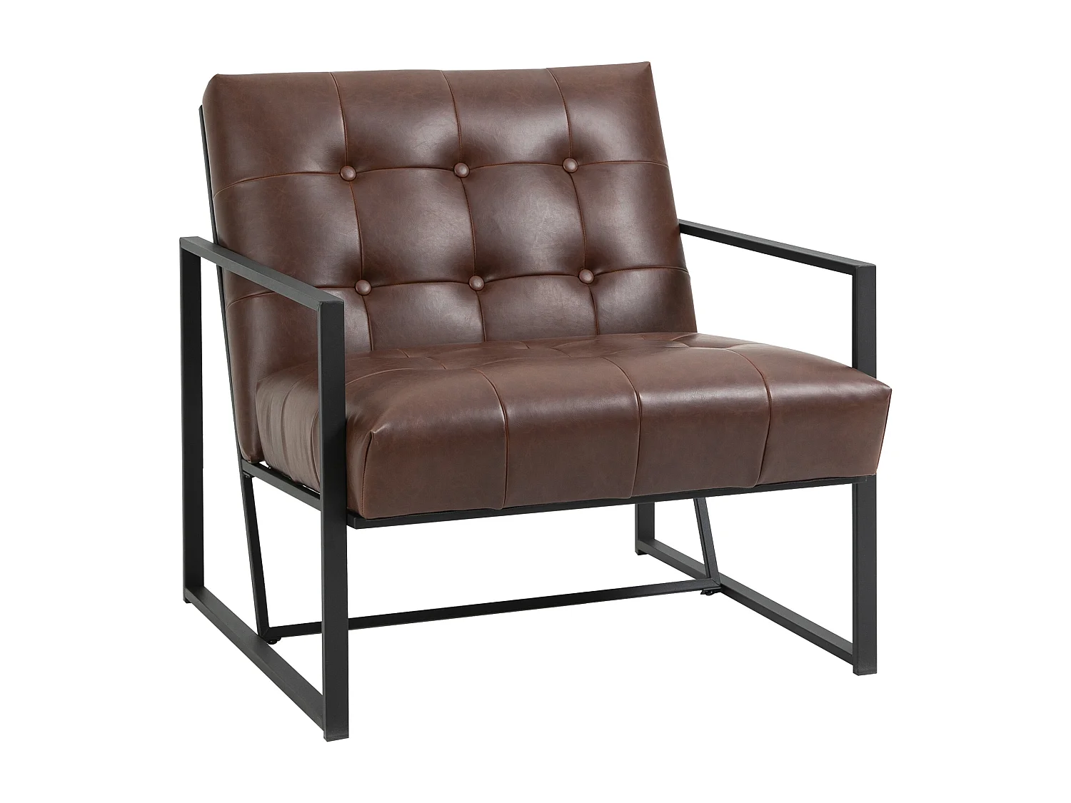 Fauteuil lounge Chesterfield assise dossier capitonnés structure métal noir revêtement synthétique chocolat