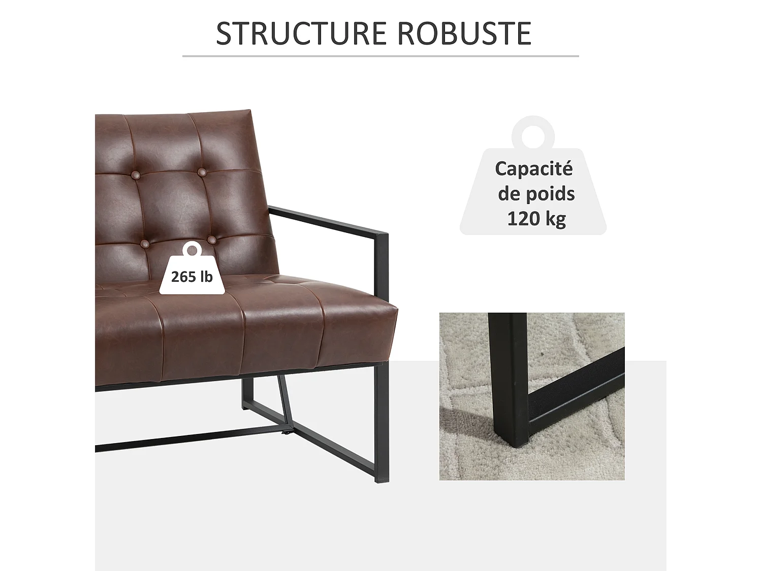 Fauteuil lounge Chesterfield assise dossier capitonnés structure métal noir revêtement synthétique chocolat
