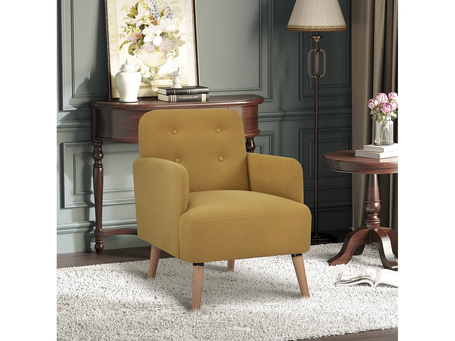 Fauteuil style classique dossier 4 boutons piètement effilé incliné bouleau revêtement aspect lin moutarde foncé