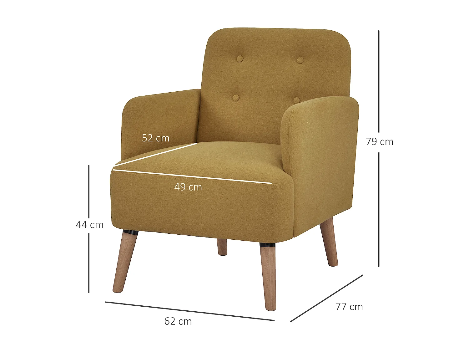 Fauteuil style classique dossier 4 boutons piètement effilé incliné bouleau revêtement aspect lin moutarde foncé