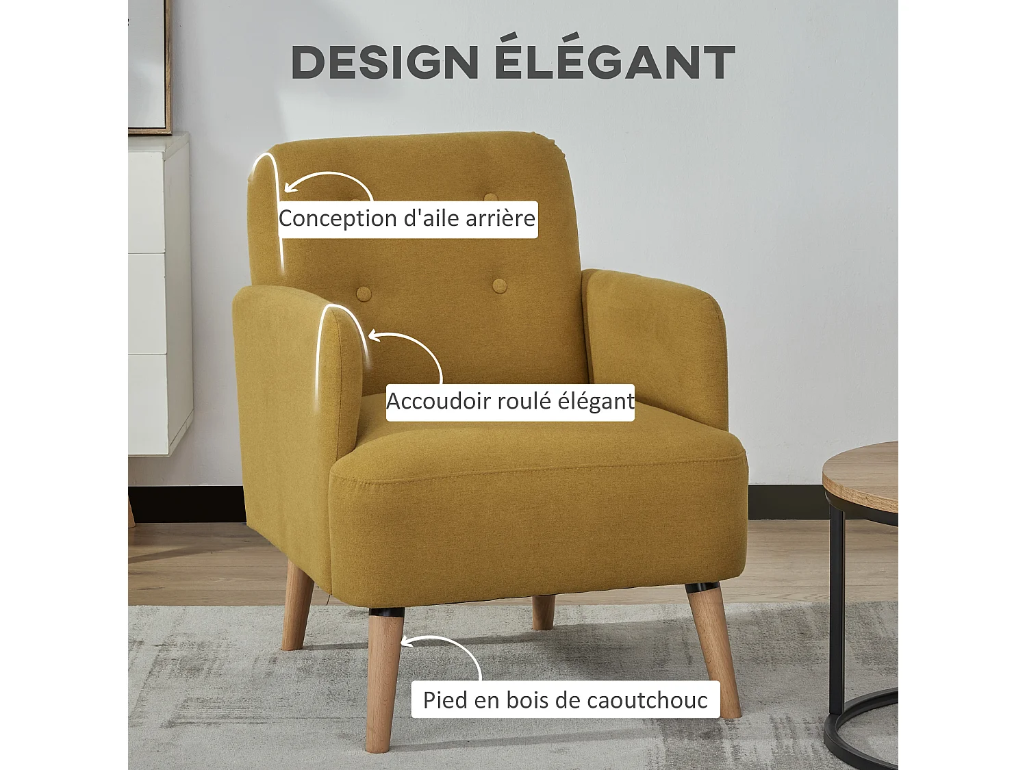 Fauteuil style classique dossier 4 boutons piètement effilé incliné bouleau revêtement aspect lin moutarde foncé