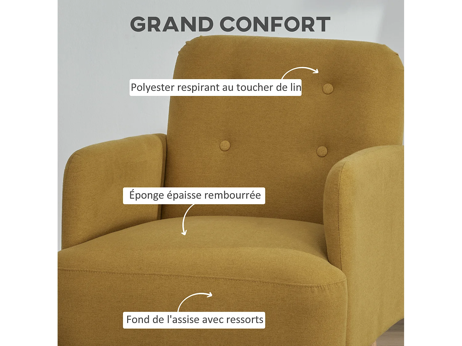 Fauteuil style classique dossier 4 boutons piètement effilé incliné bouleau revêtement aspect lin moutarde foncé