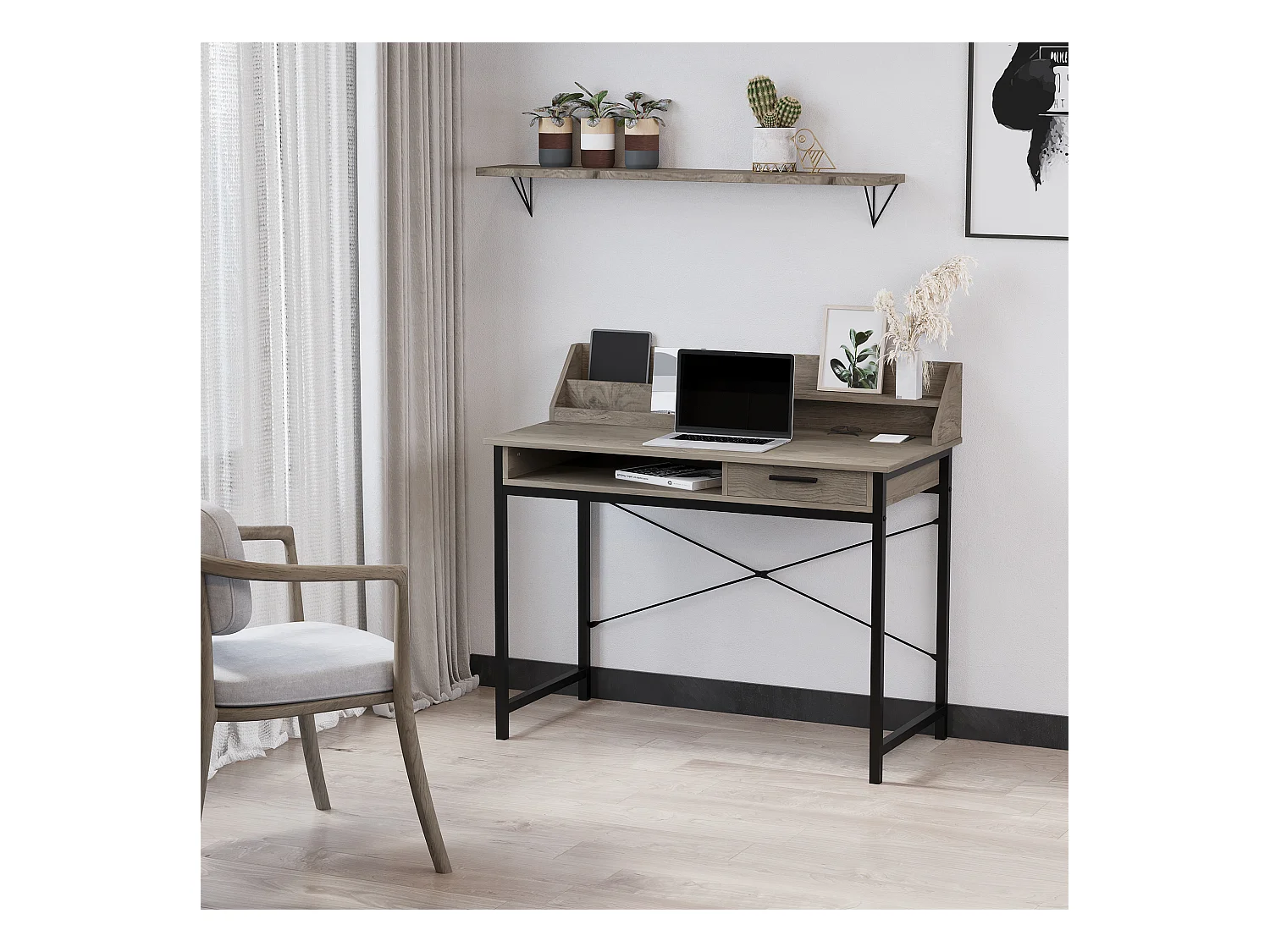 Bureau secrétaire style industriel dim. 106L x 53l x 95H cm tiroir, compartiment, 3 étagères châssis métal noir plateau aspect bois gris