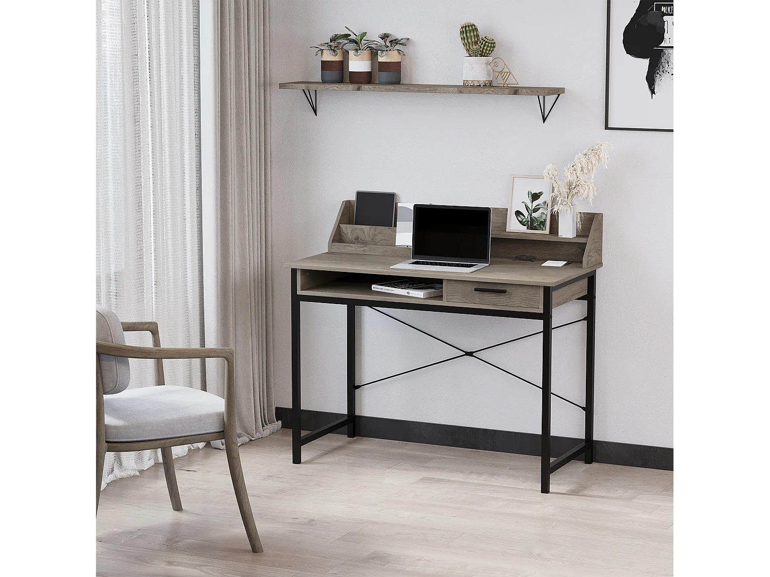 Bureau secrétaire style industriel dim. 106L x 53l x 95H cm tiroir, compartiment, 3 étagères châssis métal noir plateau aspect bois gris