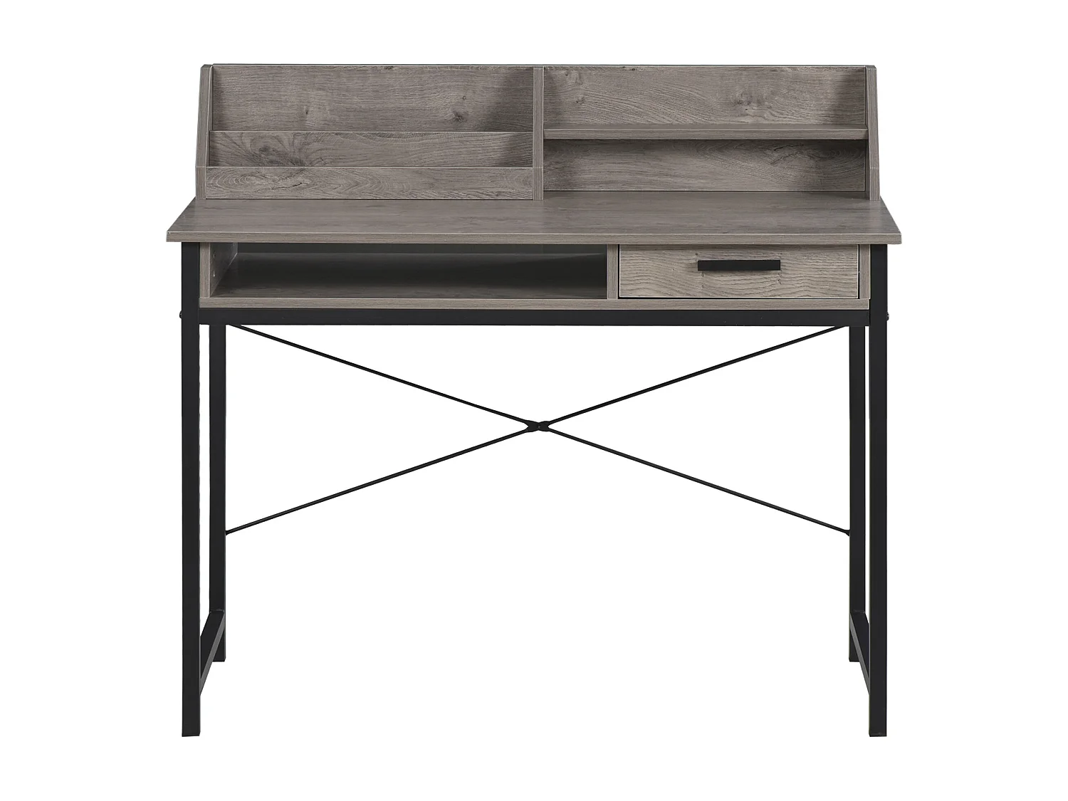 Bureau secrétaire style industriel dim. 106L x 53l x 95H cm tiroir, compartiment, 3 étagères châssis métal noir plateau aspect bois gris