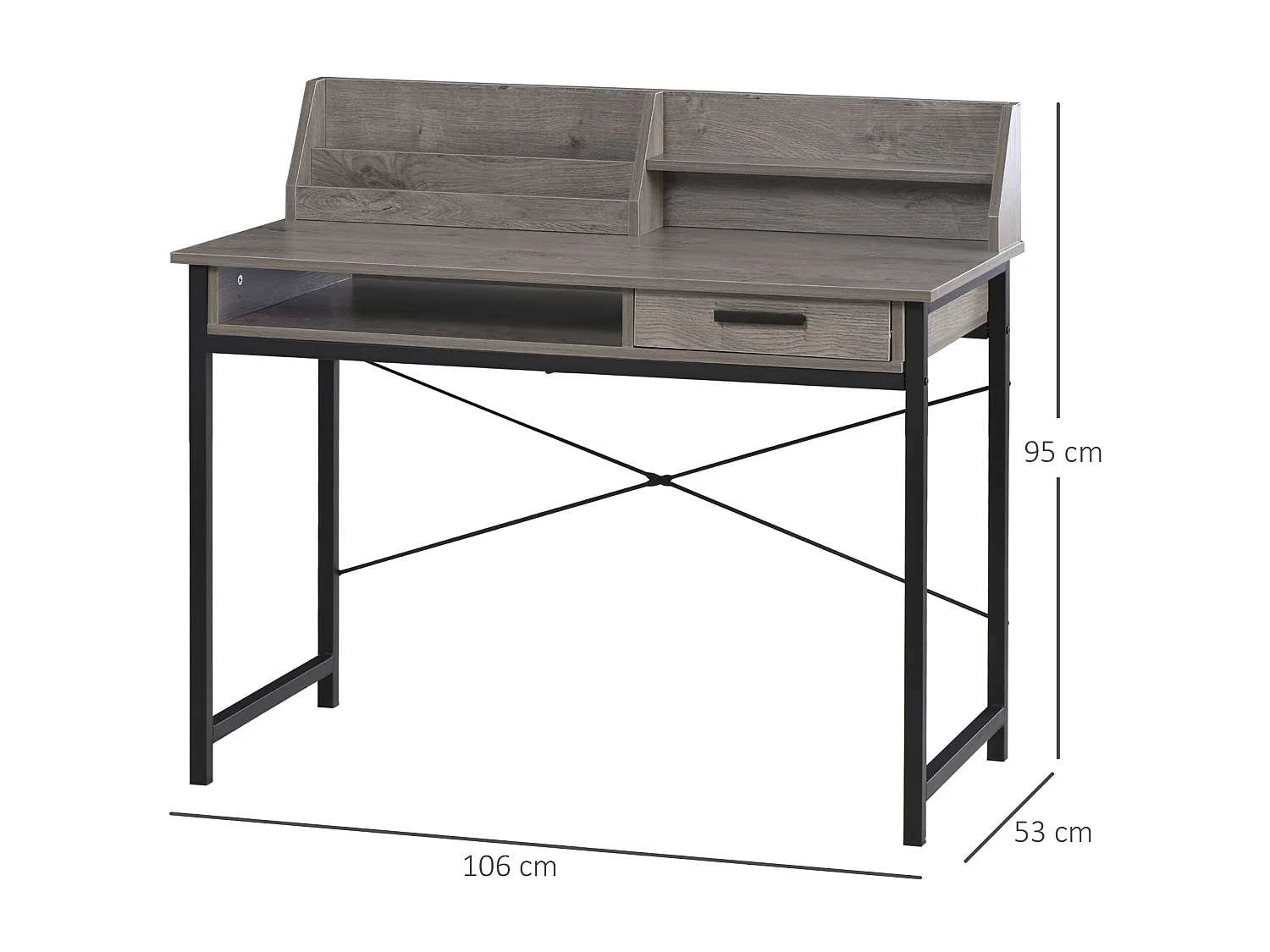 Bureau secrétaire style industriel dim. 106L x 53l x 95H cm tiroir, compartiment, 3 étagères châssis métal noir plateau aspect bois gris