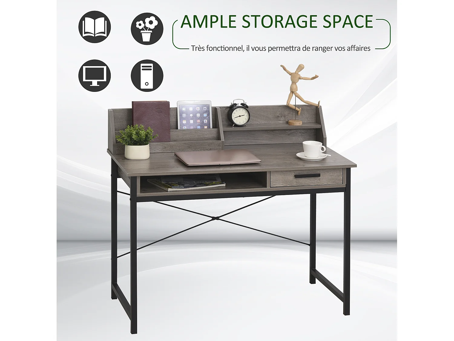 Bureau secrétaire style industriel dim. 106L x 53l x 95H cm tiroir, compartiment, 3 étagères châssis métal noir plateau aspect bois gris