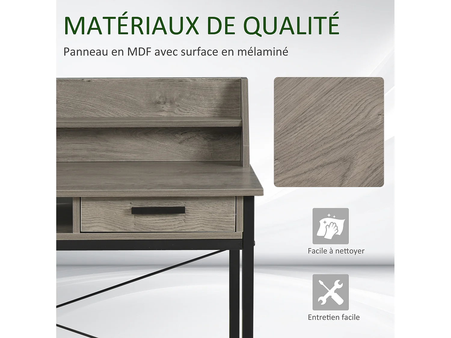 Bureau secrétaire style industriel dim. 106L x 53l x 95H cm tiroir, compartiment, 3 étagères châssis métal noir plateau aspect bois gris