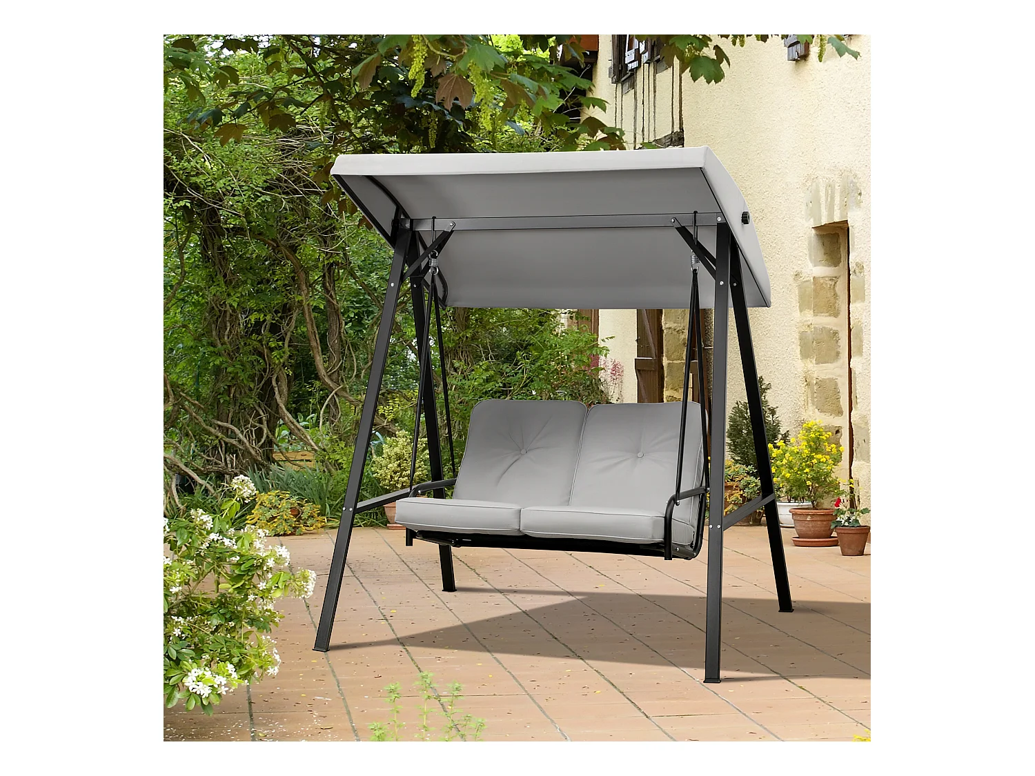 Balancelle de jardin 2 places grand confort coussins d'assise et dossier fournis accoudoirs pare-soleil gris