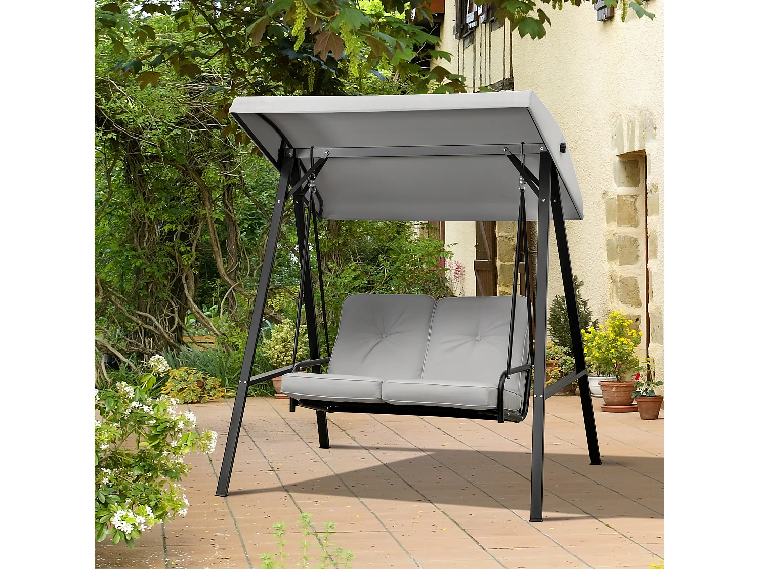 Balancelle de jardin 2 places grand confort coussins d'assise et dossier fournis accoudoirs pare-soleil gris