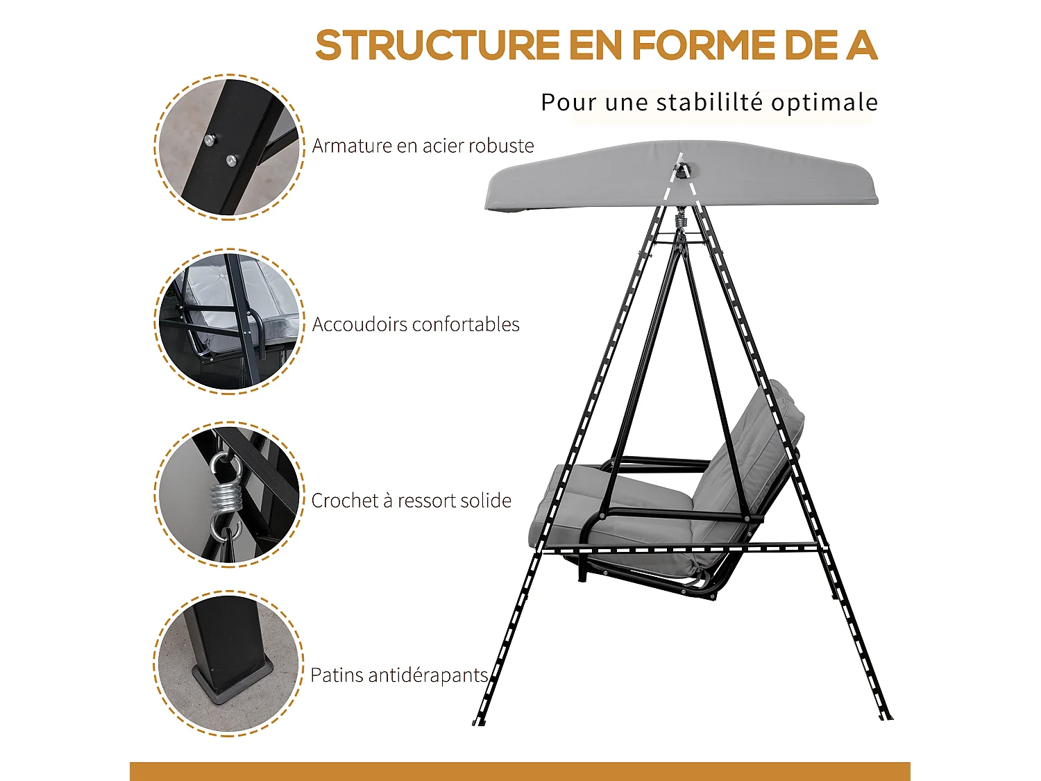 Balancelle de jardin 2 places grand confort coussins d'assise et dossier fournis accoudoirs pare-soleil gris