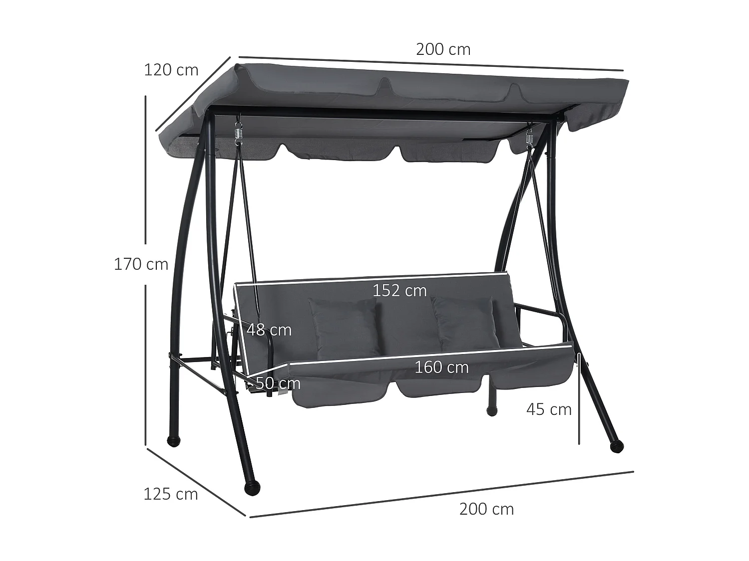 Balancelle de jardin convertible 3 places grand confort inclinaison toit réglable matelas fourni 2L x 1,25l x 1,7H m métal polyester noir anthracite