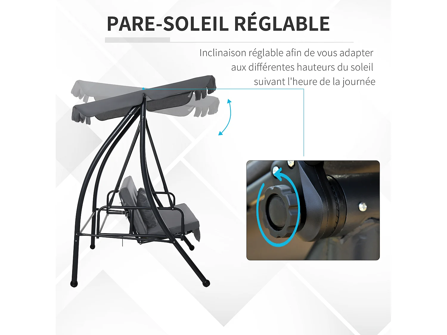 Balancelle de jardin convertible 3 places grand confort inclinaison toit réglable matelas fourni 2L x 1,25l x 1,7H m métal polyester noir anthracite