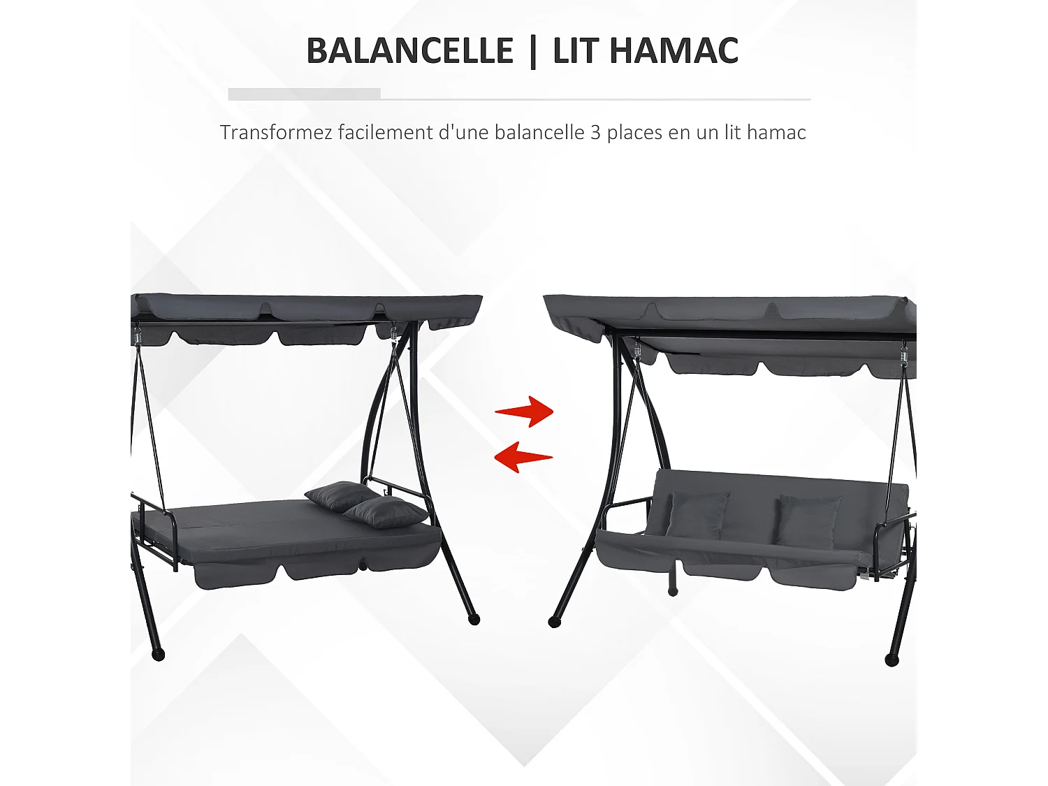 Balancelle de jardin convertible 3 places grand confort inclinaison toit réglable matelas fourni 2L x 1,25l x 1,7H m métal polyester noir anthracite