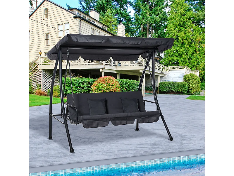 Balancelle de jardin convertible 3 places grand confort inclinaison toit réglable matelas fourni 2L x 1,25l x 1,7H m métal polyester noir anthracite