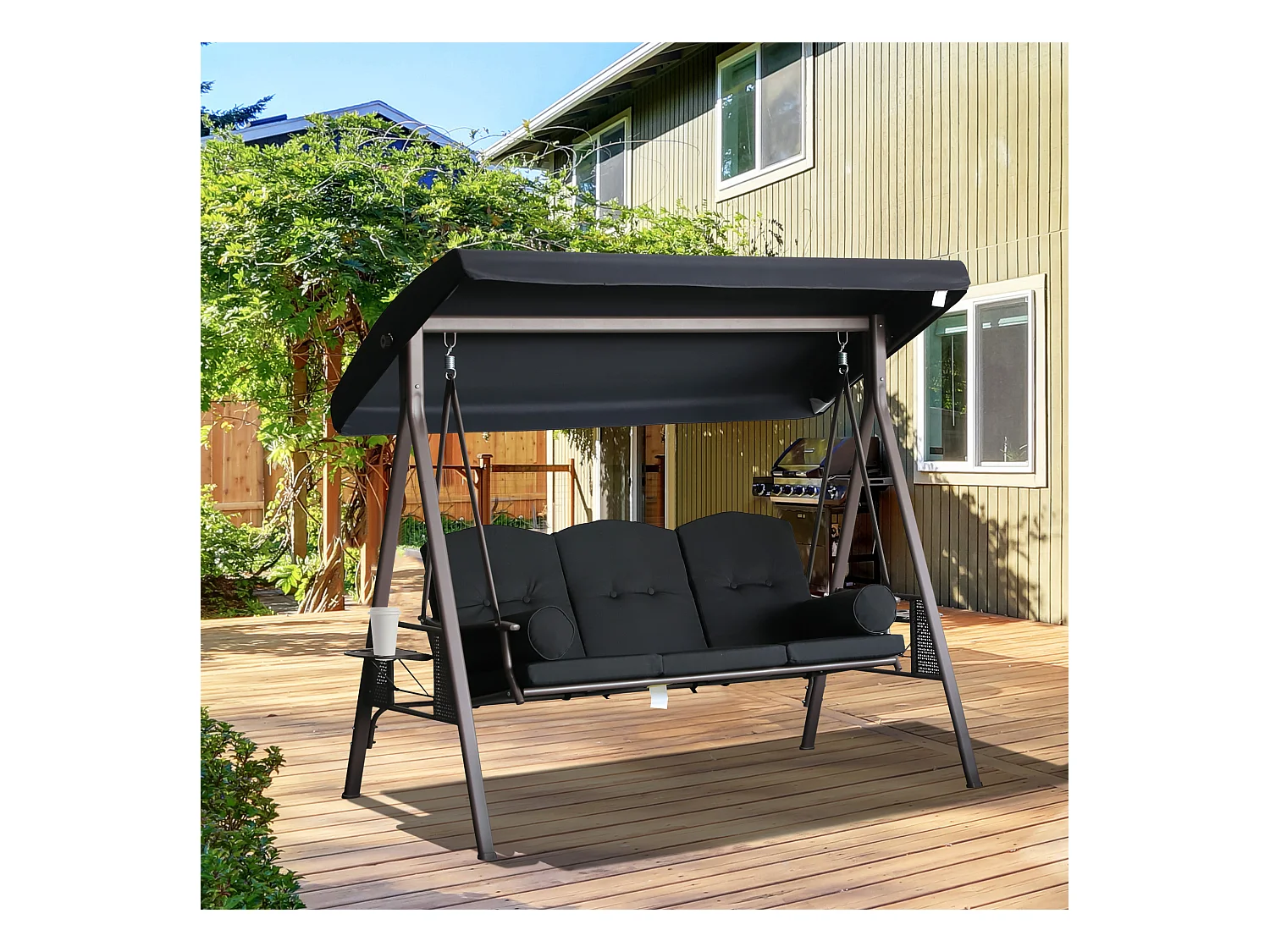 Balancelle de jardin 3 places grand confort toit inclinaison réglable coussins plateaux rétractables polyester filé noir
