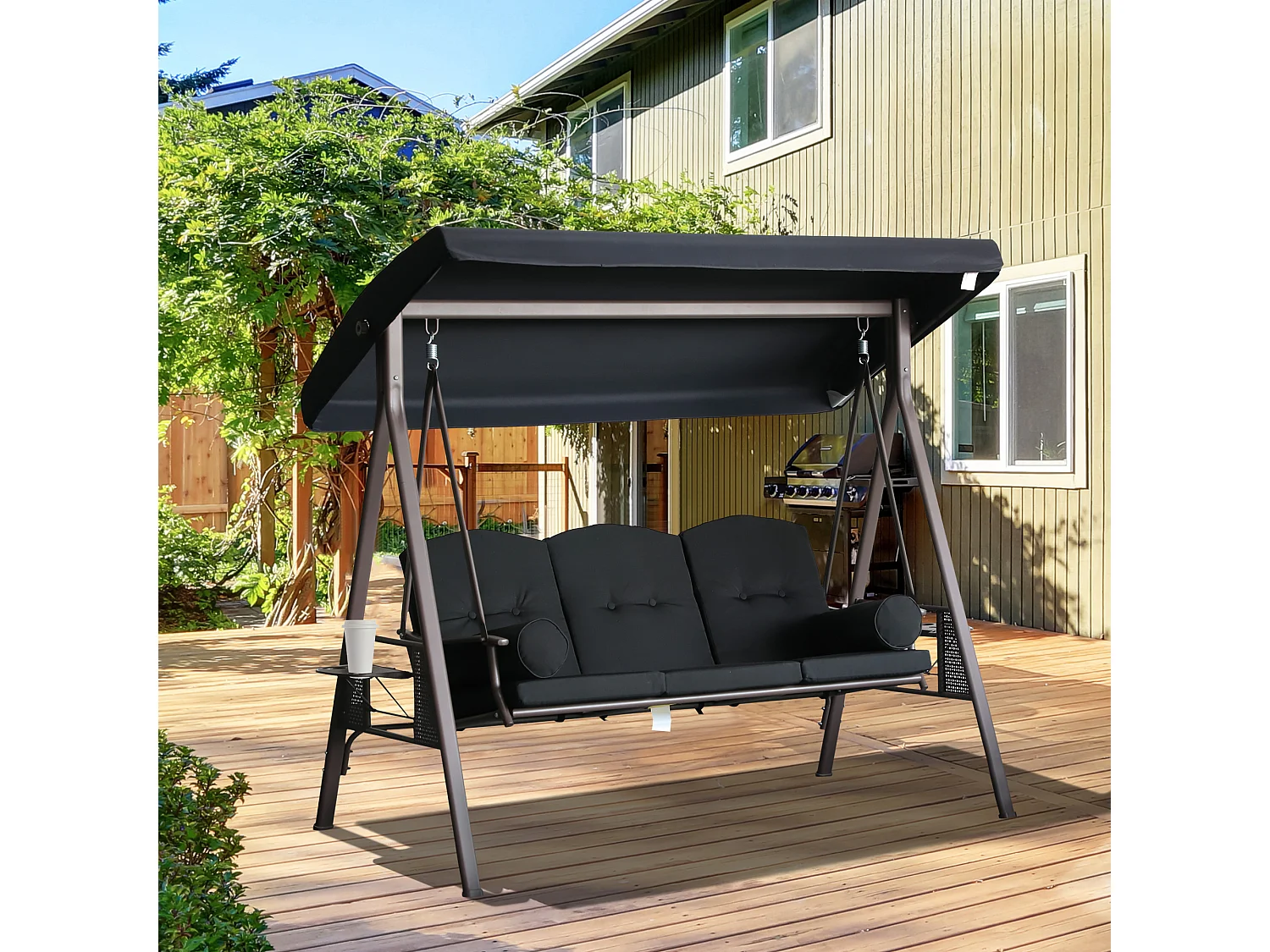 Balancelle de jardin 3 places grand confort toit inclinaison réglable coussins plateaux rétractables polyester filé noir