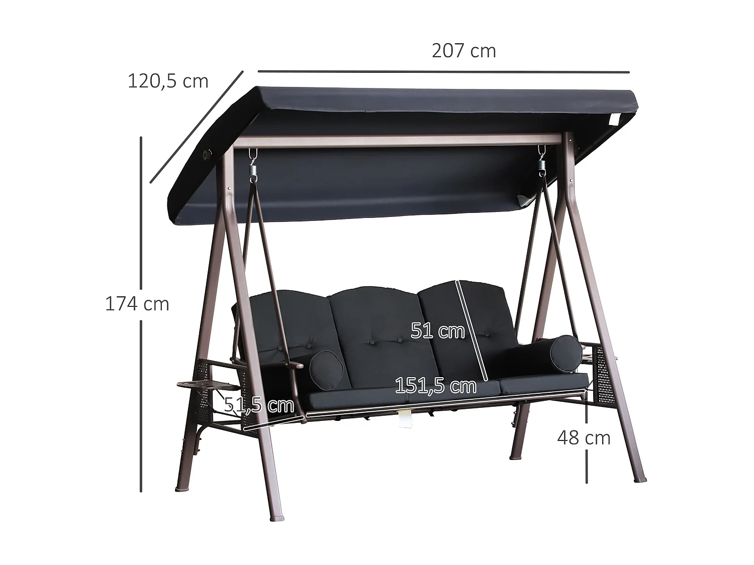 Balancelle de jardin 3 places grand confort toit inclinaison réglable coussins plateaux rétractables polyester filé noir