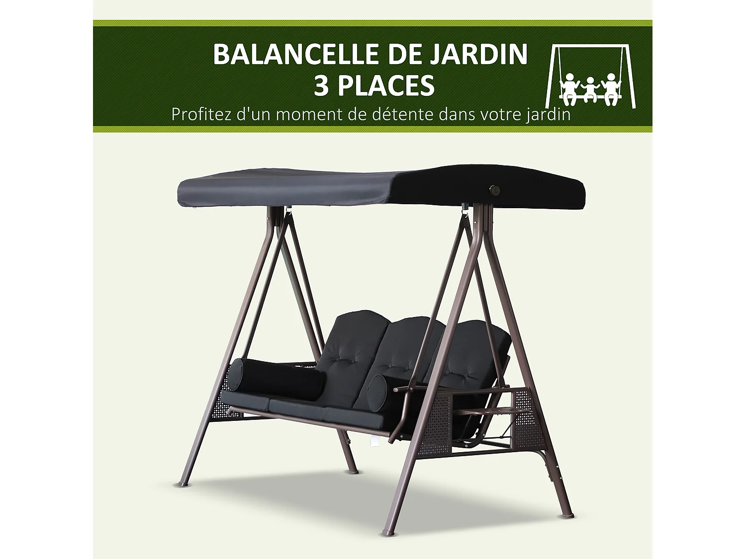 Balancelle de jardin 3 places grand confort toit inclinaison réglable coussins plateaux rétractables polyester filé noir