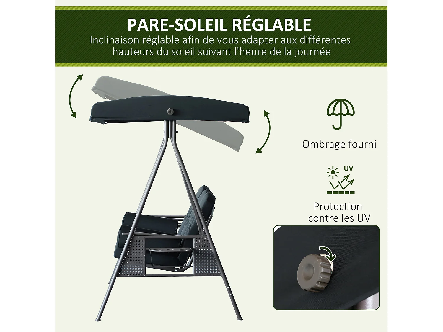 Balancelle de jardin 3 places grand confort toit inclinaison réglable coussins plateaux rétractables polyester filé noir