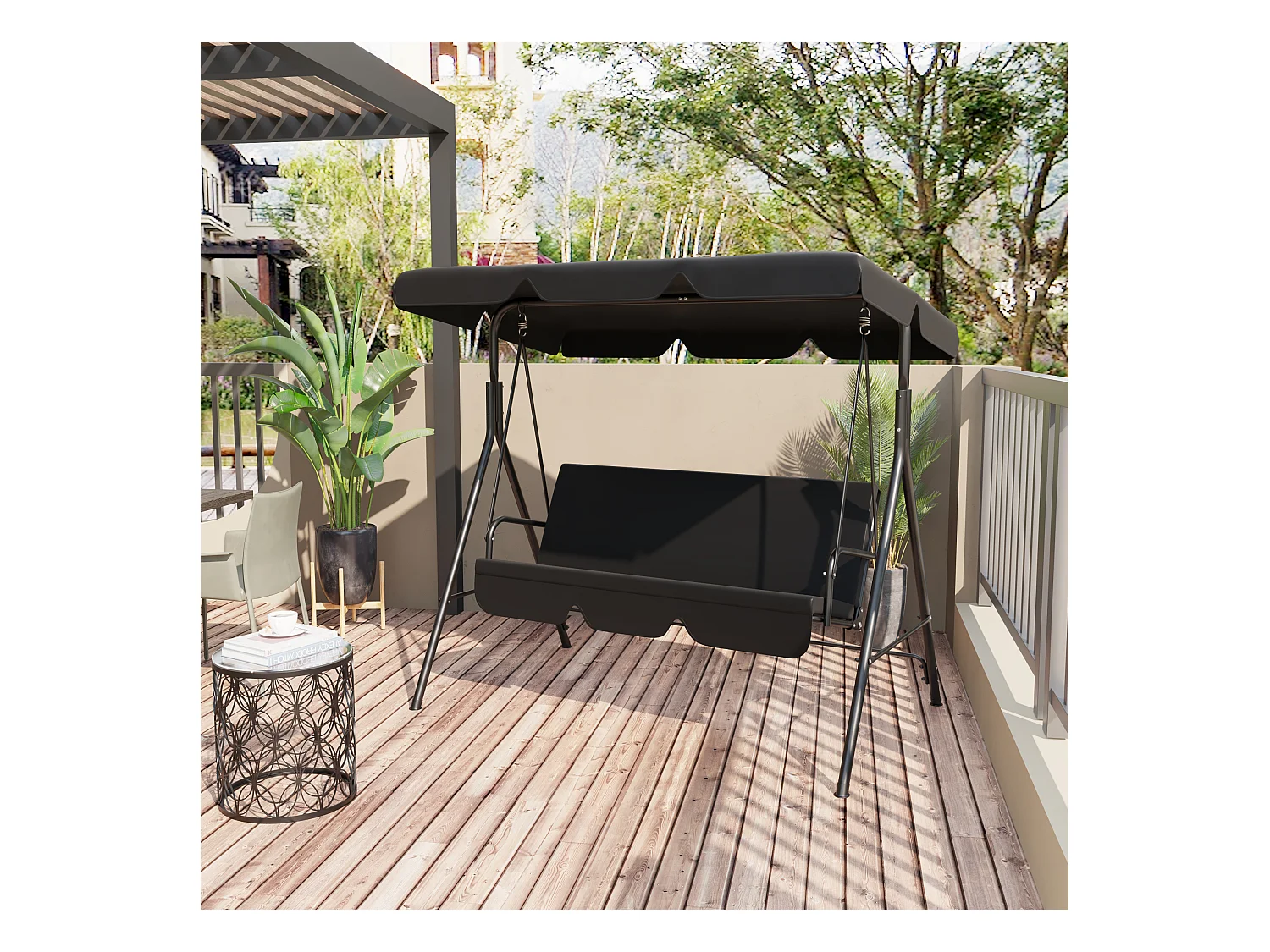 Balancelle de jardin 3 places toit inclinaison réglable coussins assise et dossier 1,72L x 1,1l x 1,52H m acier noir polyester noire