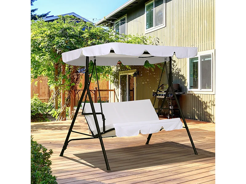 Balancelle de jardin 3 places toit inclinaison réglable coussins assise et dossier 1,72L x 1,1l x 1,52H m acier noir polyester blanc