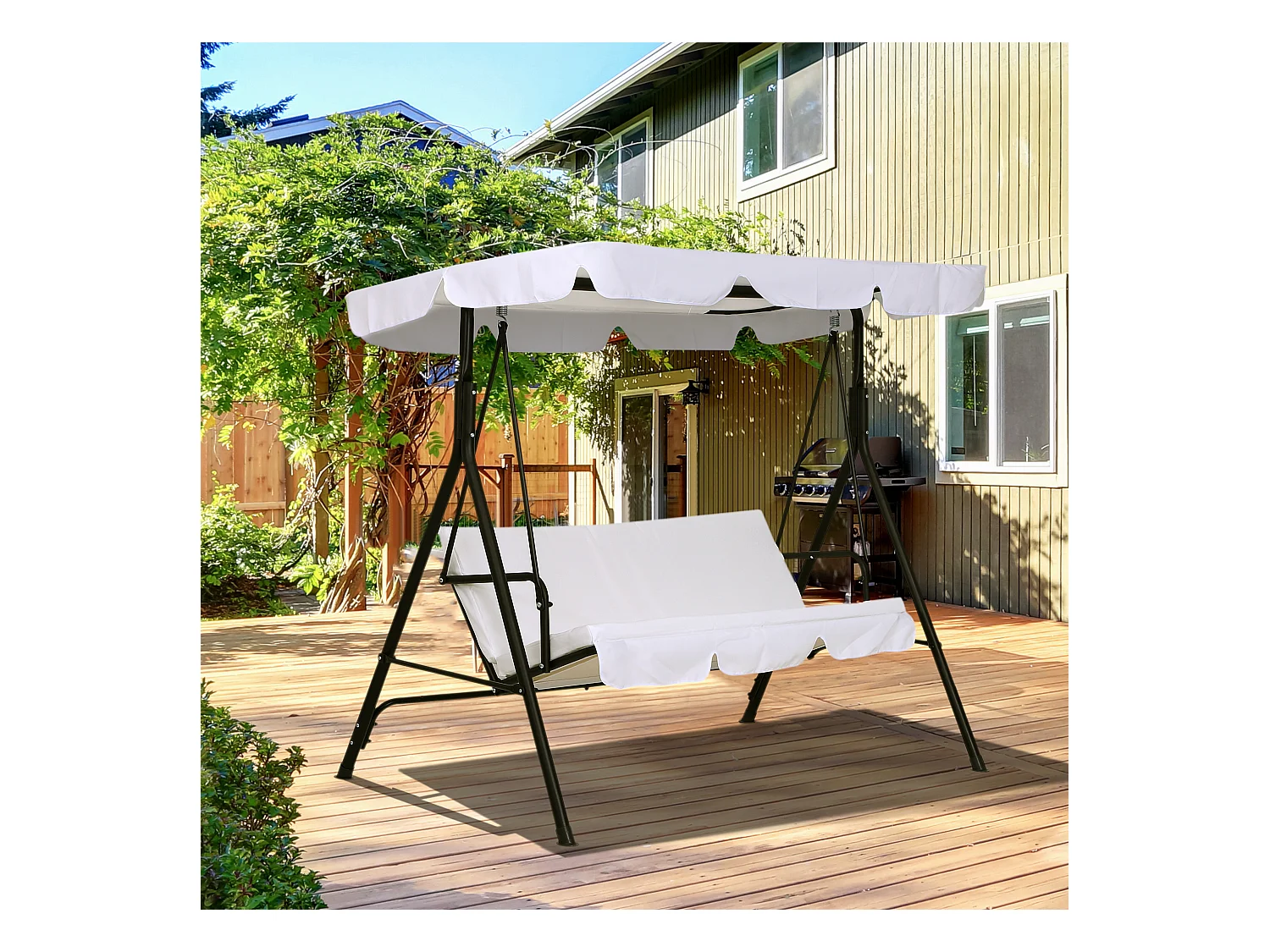 Balancelle de jardin 3 places toit inclinaison réglable coussins assise et dossier 1,72L x 1,1l x 1,52H m acier noir polyester blanc