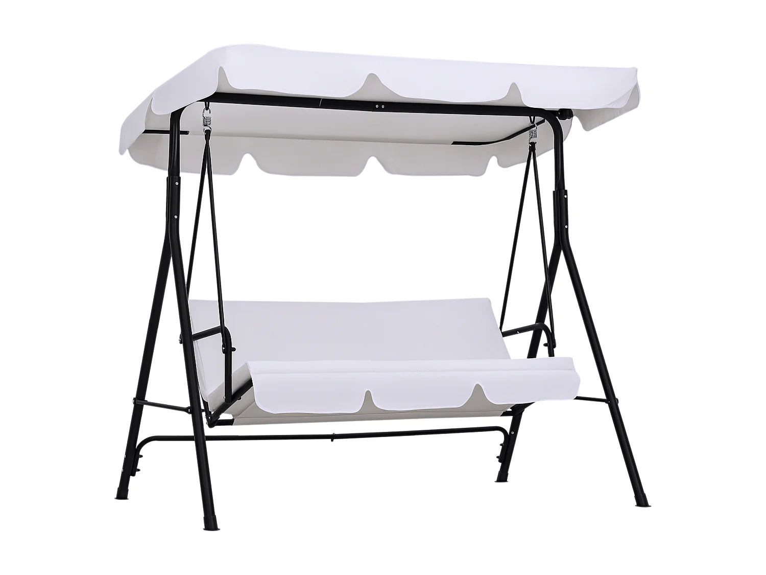 Balancelle de jardin 3 places toit inclinaison réglable coussins assise et dossier 1,72L x 1,1l x 1,52H m acier noir polyester blanc