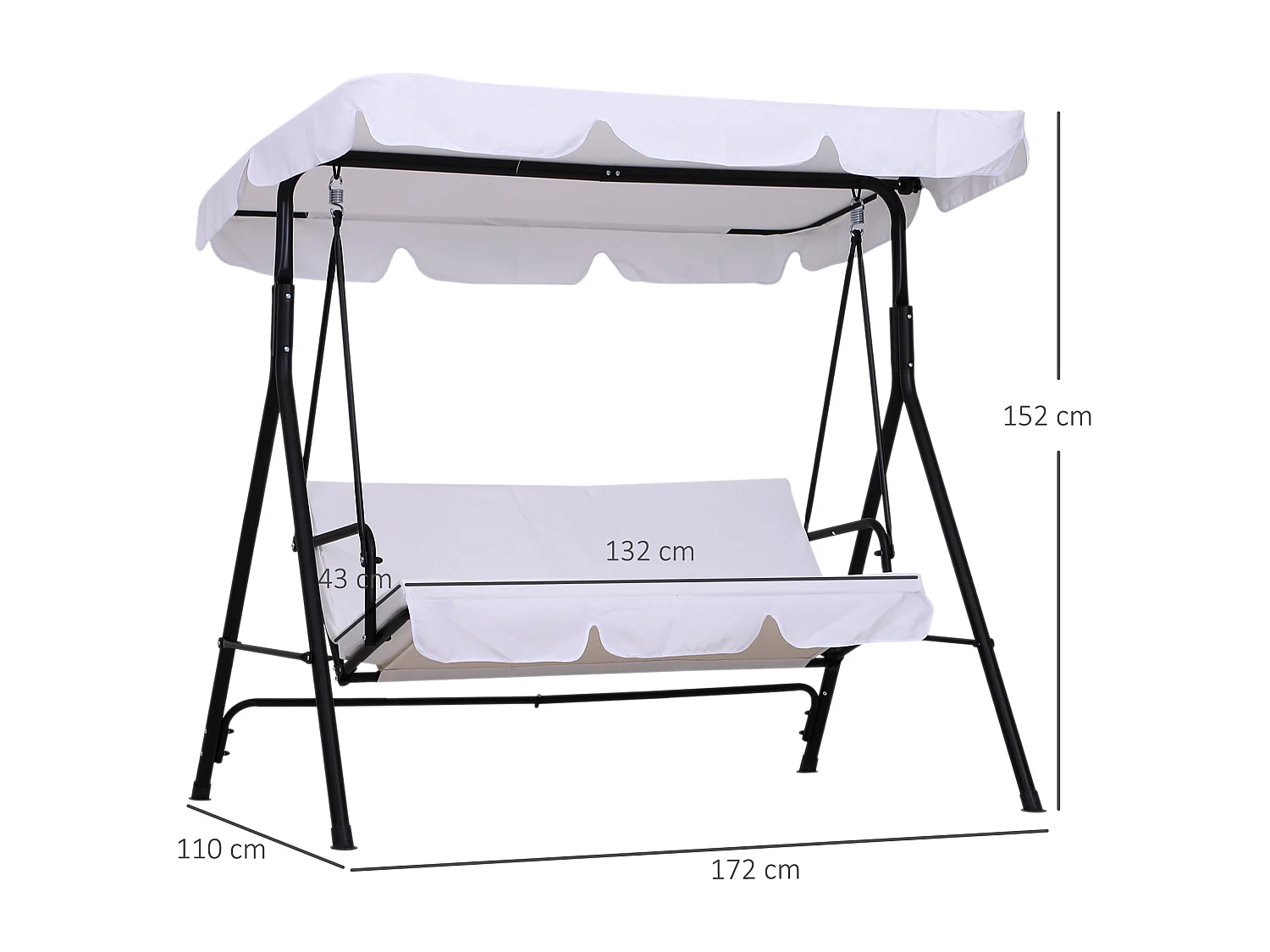 Balancelle de jardin 3 places toit inclinaison réglable coussins assise et dossier 1,72L x 1,1l x 1,52H m acier noir polyester blanc