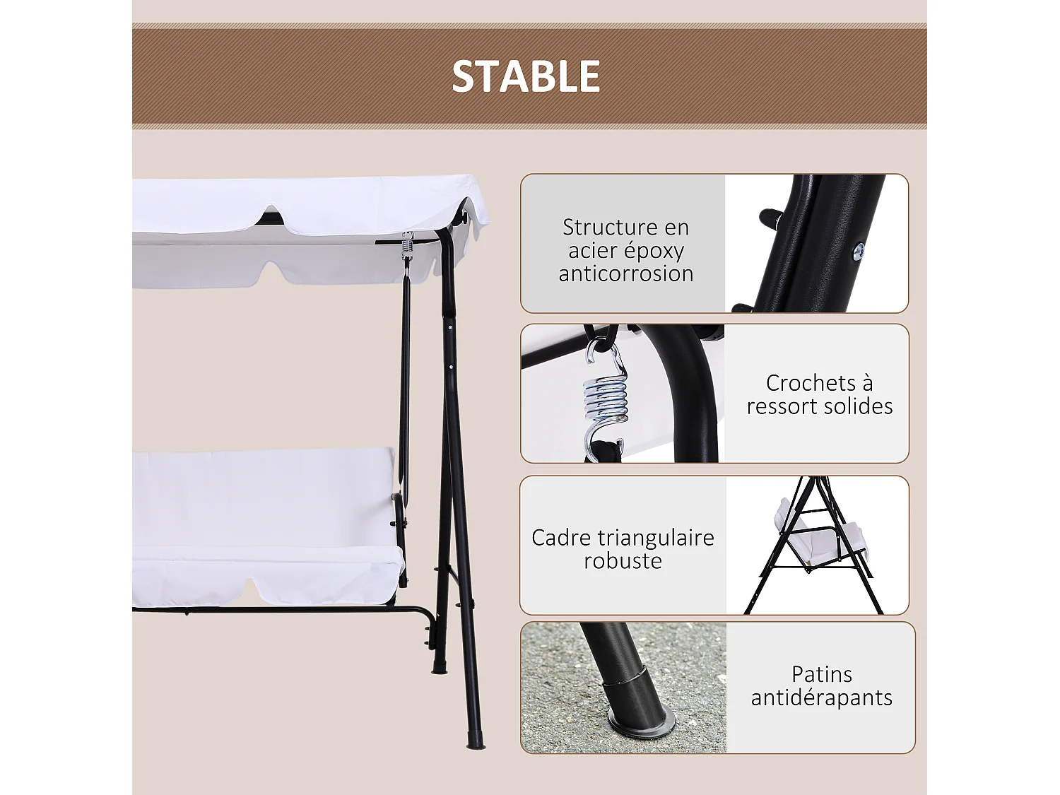 Balancelle de jardin 3 places toit inclinaison réglable coussins assise et dossier 1,72L x 1,1l x 1,52H m acier noir polyester blanc