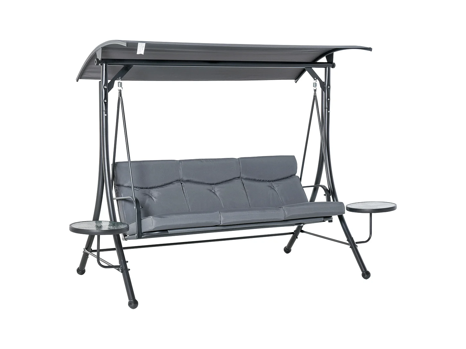Balancelle de jardin 3 places grand confort toit inclinaison réglable épais coussins amovibles 2 tablettes polyester métal époxy gris