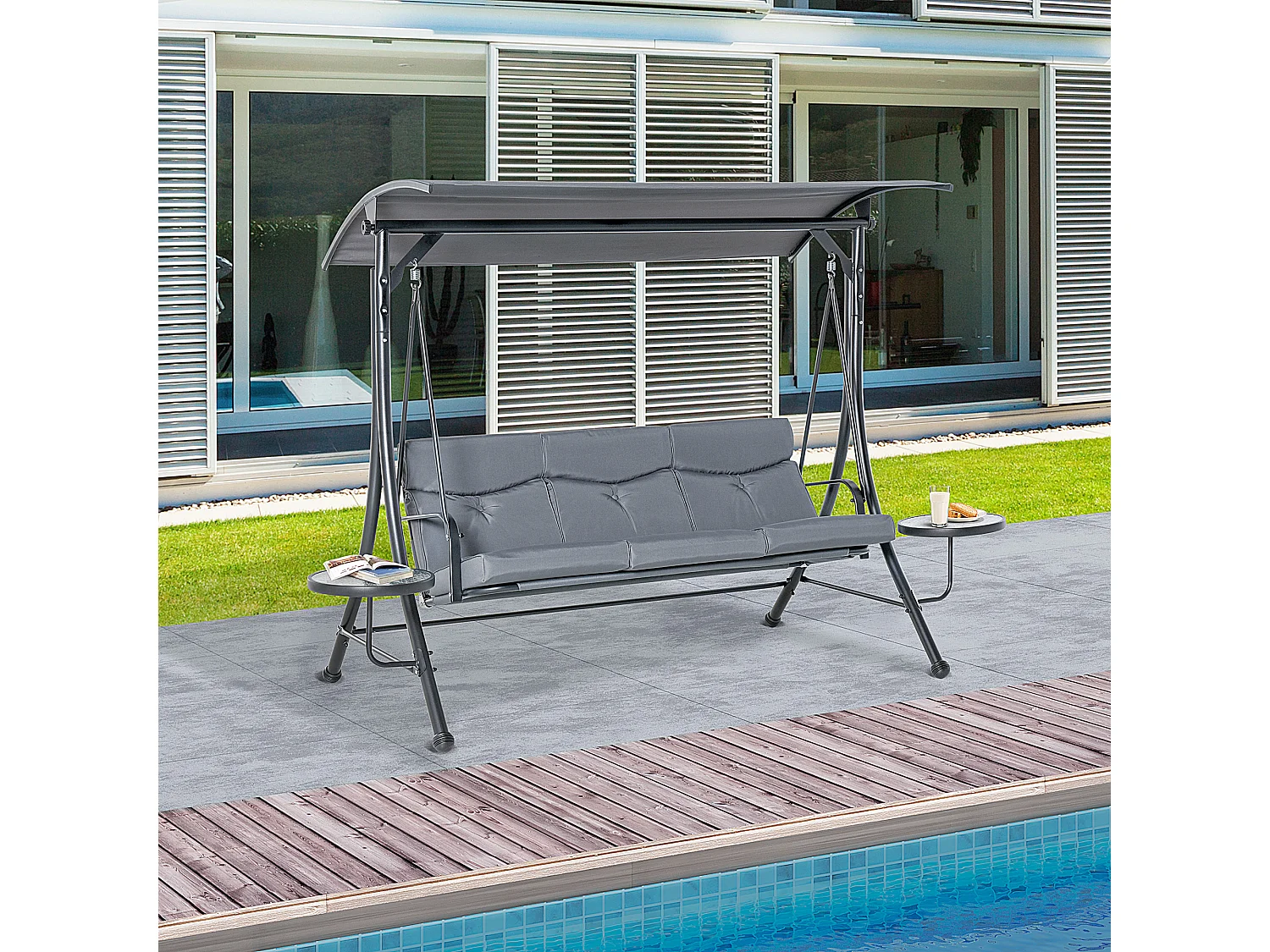 Balancelle de jardin 3 places grand confort toit inclinaison réglable épais coussins amovibles 2 tablettes polyester métal époxy gris