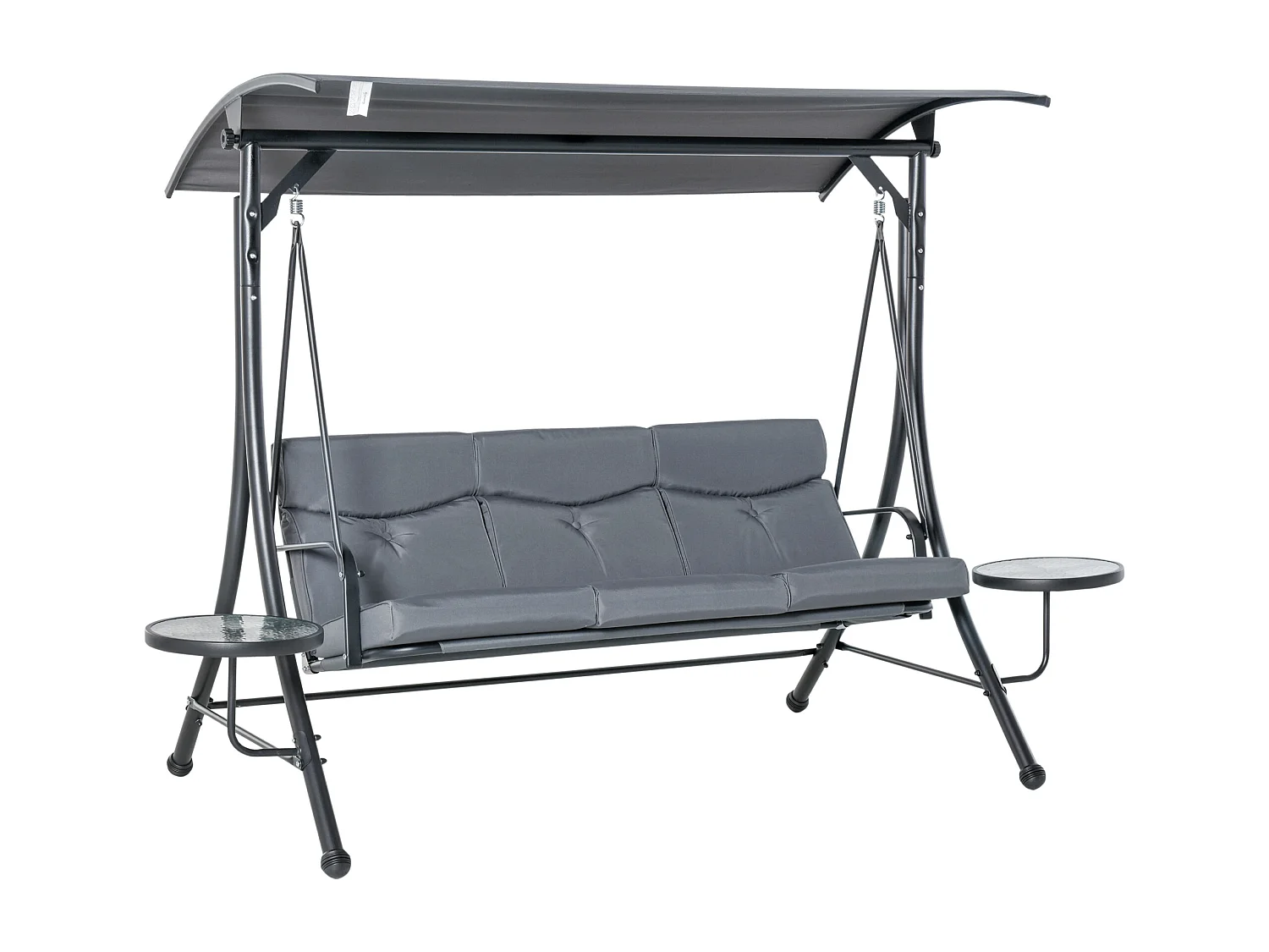 Balancelle de jardin 3 places grand confort toit inclinaison réglable épais coussins amovibles 2 tablettes polyester métal époxy gris