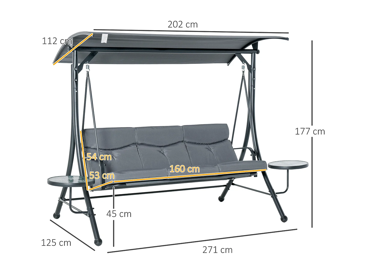 Balancelle de jardin 3 places grand confort toit inclinaison réglable épais coussins amovibles 2 tablettes polyester métal époxy gris