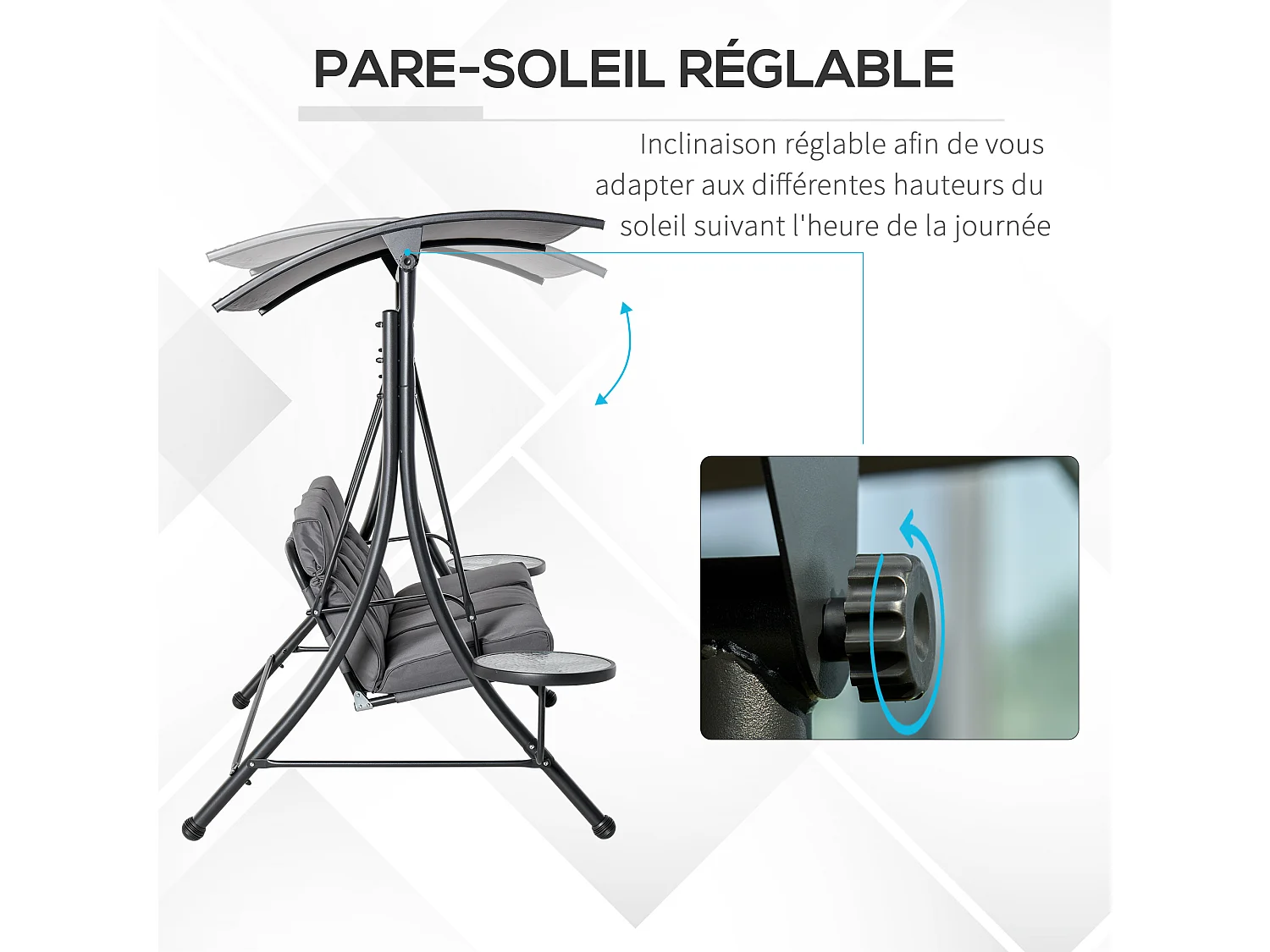 Balancelle de jardin 3 places grand confort toit inclinaison réglable épais coussins amovibles 2 tablettes polyester métal époxy gris