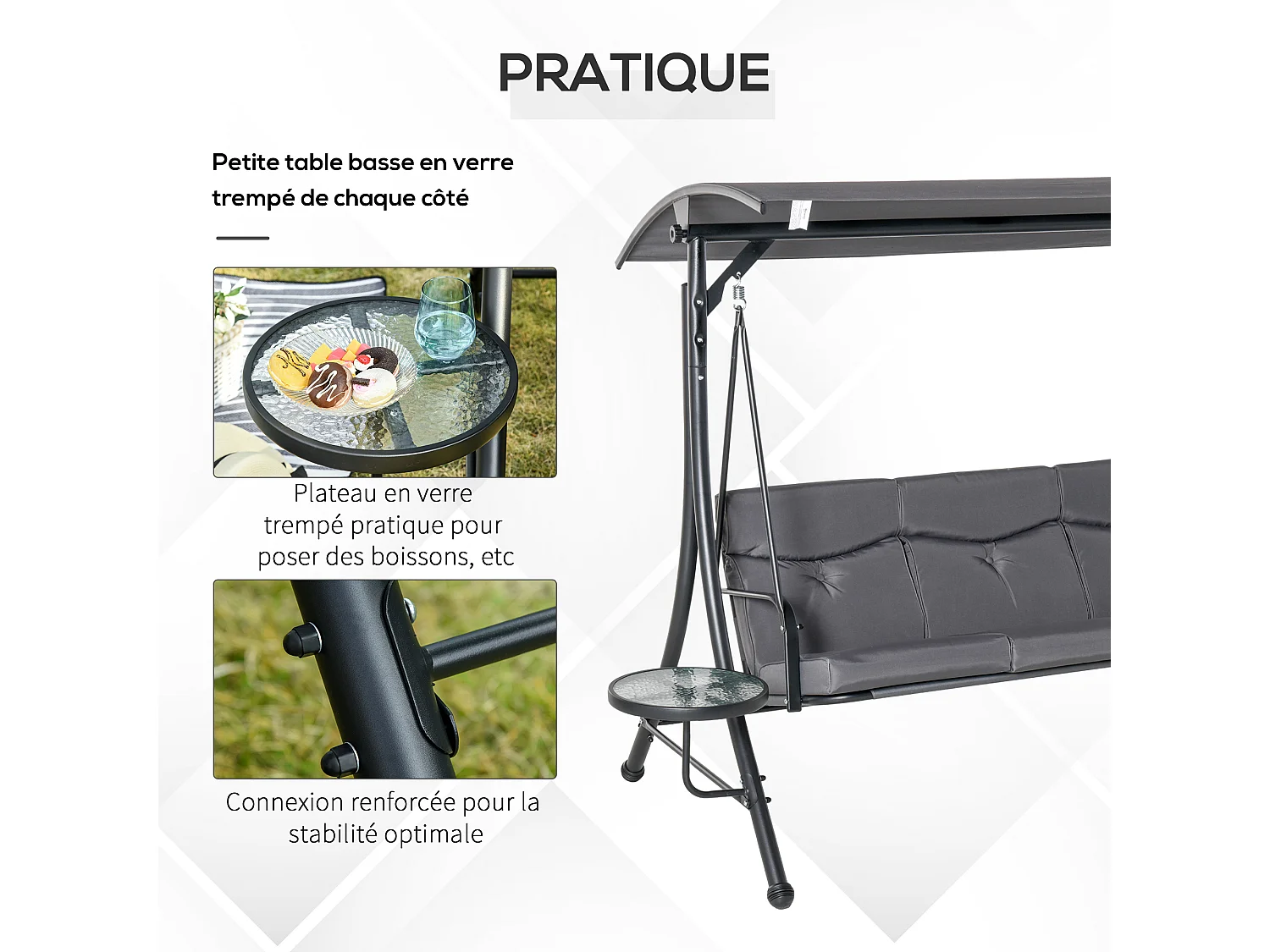 Balancelle de jardin 3 places grand confort toit inclinaison réglable épais coussins amovibles 2 tablettes polyester métal époxy gris