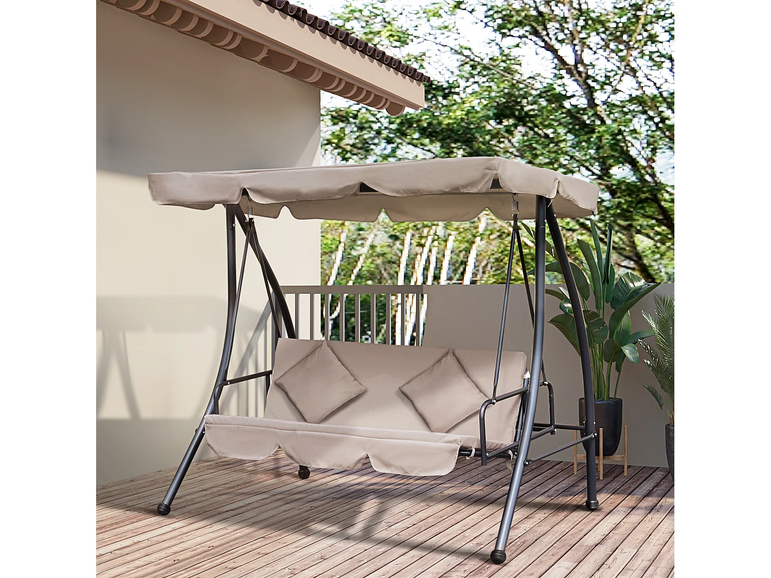 Balancelle de jardin convertible 3 places grand confort inclinaison toit réglable matelas fourni 2L x 1,25l x 1,7H m métal polyester noir et beige